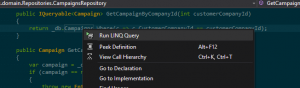 To debug or edit a LINQ query, use the right-click menu.